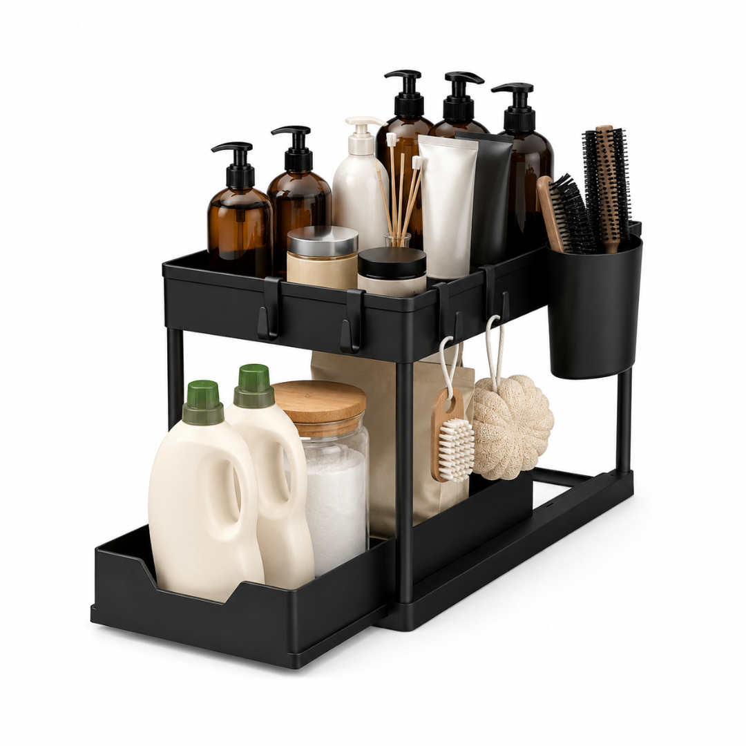 Multi-Purpose 2 Tier Under Sink Organizer with Hooks and Sliding Drawer