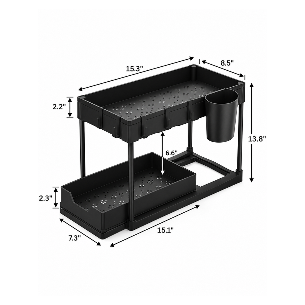 Multi-Purpose 2 Tier Under Sink Organizer with Hooks and Sliding Drawer