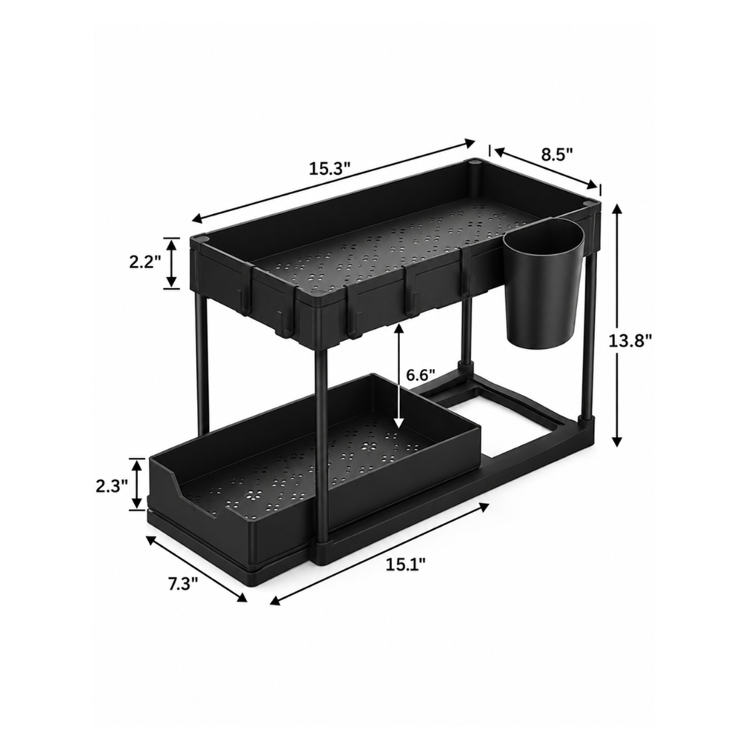 Multi-Purpose 2 Tier Under Sink Organizer with Hooks and Sliding Drawer