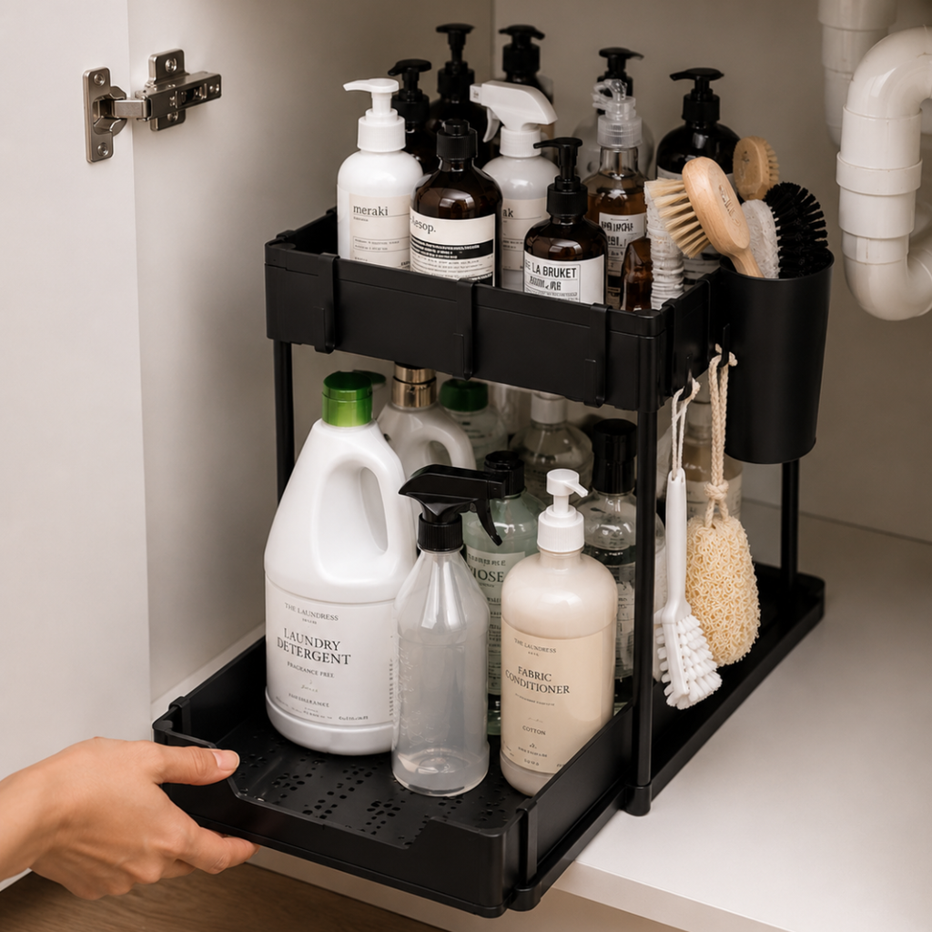 Multi-Purpose 2 Tier Under Sink Organizer with Hooks and Sliding Drawer