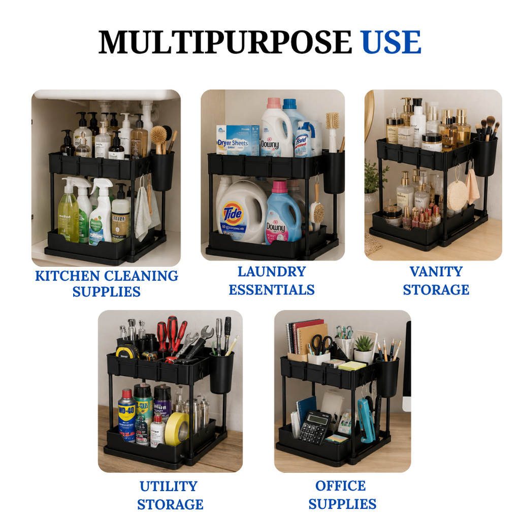 Multi-Purpose 2 Tier Under Sink Organizer with Hooks and Sliding Drawer