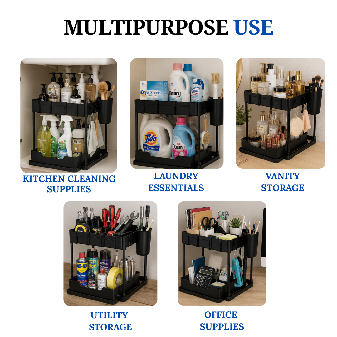 Multi-Purpose 2 Tier Under Sink Organizer with Hooks and Sliding Drawer