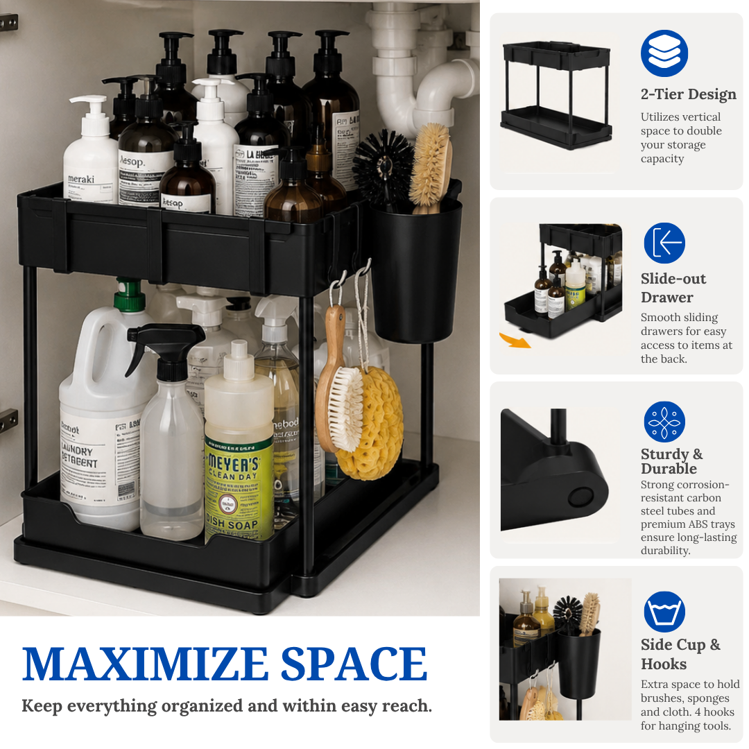 Multi-Purpose 2 Tier Under Sink Organizer with Hooks and Sliding Drawer