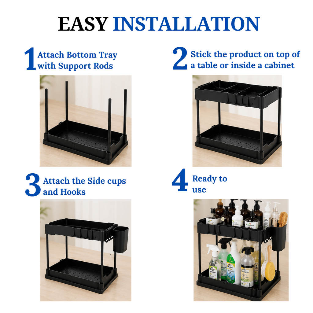 Multi-Purpose 2 Tier Under Sink Organizer with Hooks and Sliding Drawer