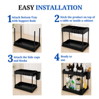 Multi-Purpose 2 Tier Under Sink Organizer with Hooks and Sliding Drawer