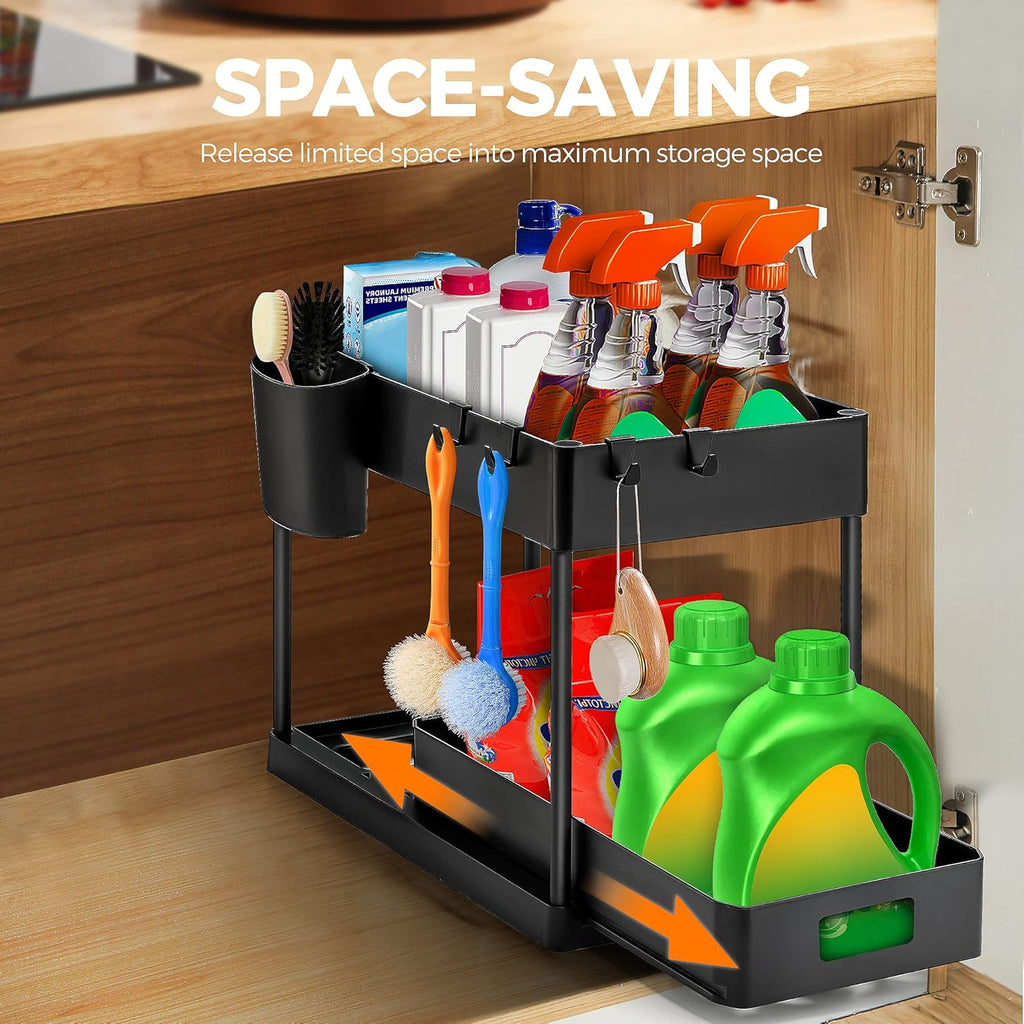 Multi-Purpose 2 Tier Under Sink Organizer with Hooks and Sliding Drawer