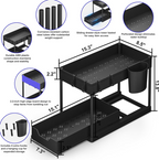 Multi-Purpose 2 Tier Under Sink Organizer with Hooks and Sliding Drawer