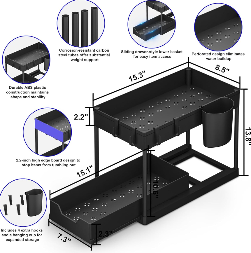 Multi-Purpose 2 Tier Under Sink Organizer with Hooks and Sliding Drawer