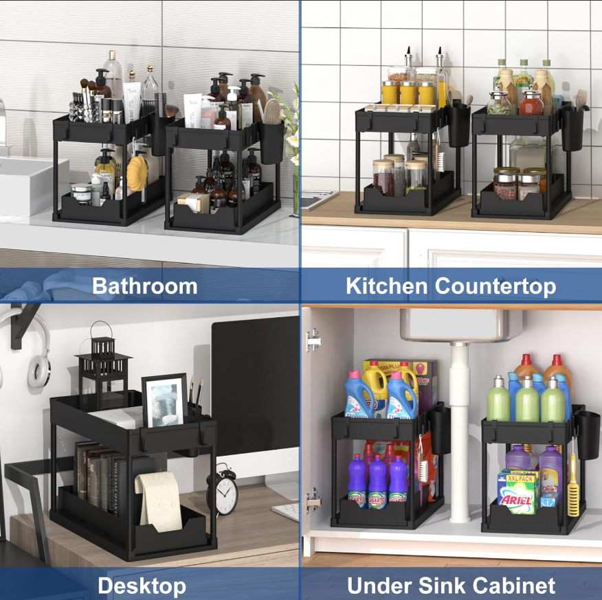 Multi-Purpose 2 Tier Under Sink Organizer with Hooks and Sliding Drawer