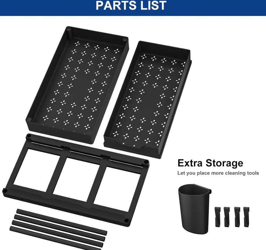 Multi-Purpose 2 Tier Under Sink Organizer with Hooks and Sliding Drawer