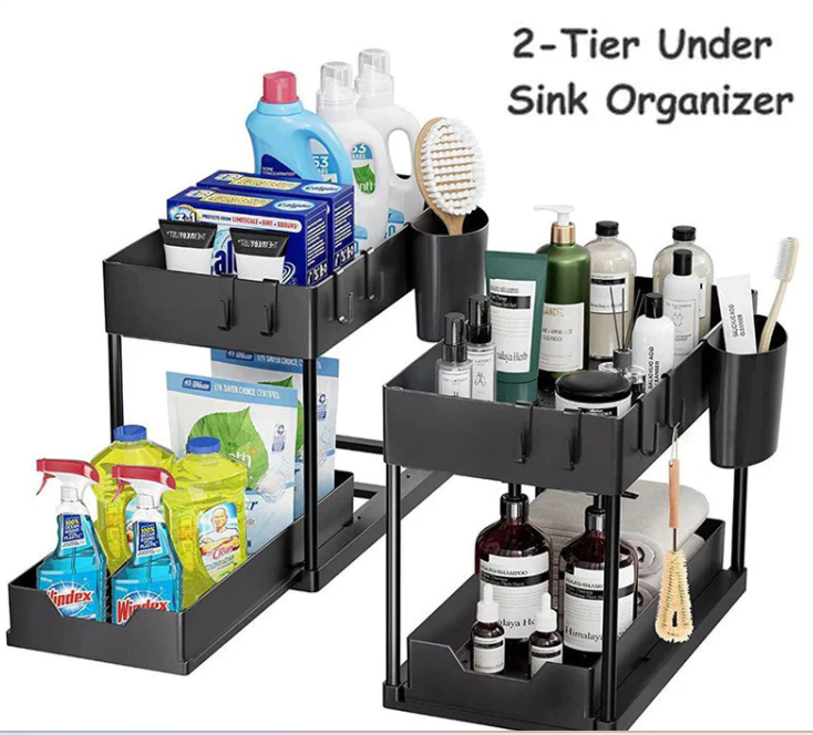 Multi-Purpose 2 Tier Under Sink Organizer with Hooks and Sliding Drawer