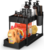 Multi-Purpose 2 Tier Under Sink Organizer with Hooks and Sliding Drawer