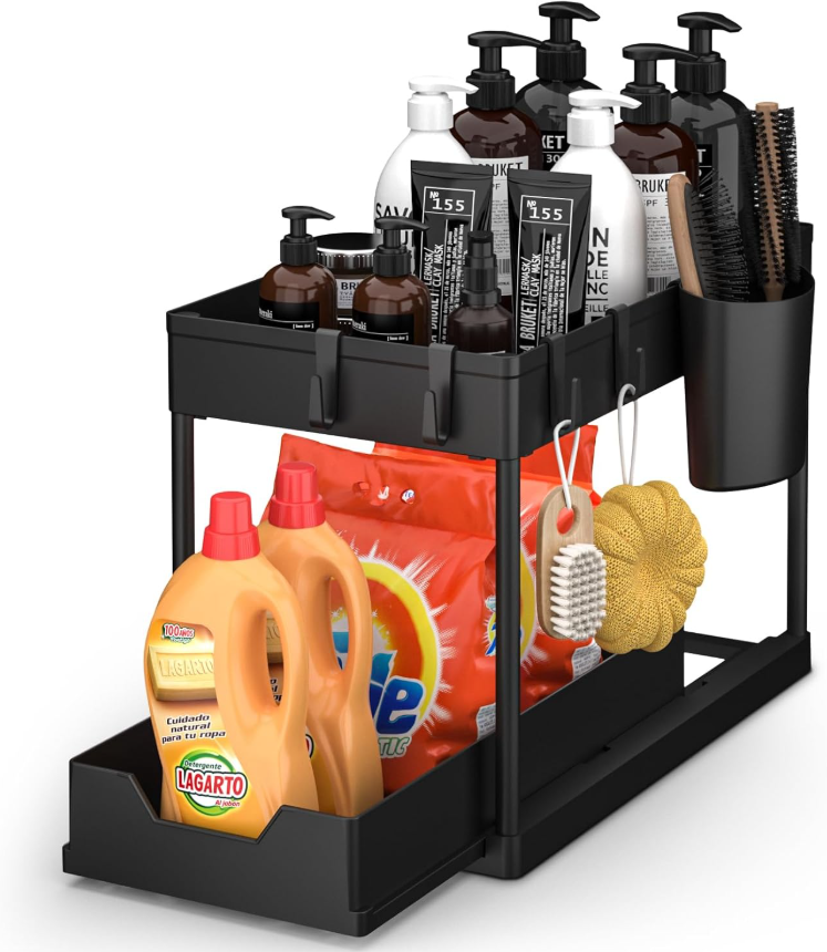 Multi-Purpose 2 Tier Under Sink Organizer with Hooks and Sliding Drawer