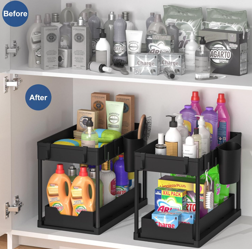 Multi-Purpose 2 Tier Under Sink Organizer with Hooks and Sliding Drawer